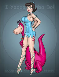 abs armband betty_rubble bimbo bimbofication black_hair blush bracelet breasts cross-laced_footwear dino dinosaur dress duo english_text eyelashes eyeshadow female feral hairbow hands_on_hips hanna-barbera high_heels human large_breasts lipstick male milf minidress paul_jaworski red_lipstick short_hair sideboob skin_tight smile standing text the_flintstones thick_lips toned