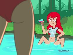 2girls ass bikini_bottom cartoon_network dat_ass female foster's_home_for_imaginary_friends frankie_foster outdoors pond red_hair vaultman water wet_t-shirt wine_glass yuri