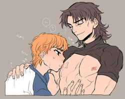 2boys abs bara emiya_shirou fate/stay_night fate_(series) kirei_kotomine licking male male_only multiple_boys muscle muscles nipples pecs saliva size_difference sucking type-moon wince yaoi