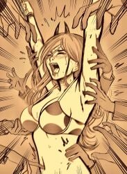 armpits arms_up belly bikini blush bra breasts chainsaw_man demon_horns highres horns kusujinn large_breasts laughing long_hair midriff molestation navel polka_dot polka_dot_bikini polka_dot_bra power_(chainsaw_man) restrained stomach swimsuit teasing tickle_torture tickling tickling_armpits tickling_arms tickling_breasts tickling_navel tickling_sides tickling_stomach underwear underwear_only