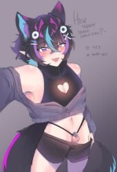 armpits blush chastity_cage elf_ears fang femboy flat_chastity_cage invitation kemonomimi looking_at_viewer multicolored_hair nellyhyper oc original_character selfie showing_off small_penis smug wolf_ears wolf_tail zulla