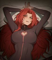 abs abs_visible_through_clothing armpits arms_up bed big_breasts biting_tongue blush bodysuit boob_window breast_window breasts cleavage cleavage_cutout clothed eye_contact female fit_female gebura_(lobotomy_corporation) gebura_(project_moon) heterochromia in_bed large_breasts laying_down laying_on_bed laying_on_pillow leg_lock lobotomy_corporation long_hair messy_hair misg1111 pillow pov pov_eye_contact project_moon red_hair skintight skintight_bodysuit suggestive teeth tight_clothing tongue tongue_bite tongue_out yellow_eyes