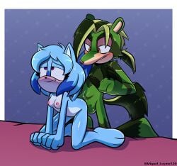 anteater anthro blue_body blue_fur butt_slap candy_the_cat duo fan_character felid feline female from_behind_position fur green_body green_fur hi_res interspecies kneeling looking_pleasured male male/female mammal miguel_layme pilosan raul_the_anteater sega sex slap sonic_the_hedgehog_(series) xenarthran