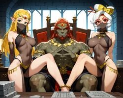 1boy 1boy2girls 2girls 2girls1boy ai_generated anklet backlighting bare_arms bare_shoulders blonde_hair blush breasts circlet closed_mouth colored_skin covered_nipples elbow_gloves elf elf_ears eyeshadow ganondorf glasses green_eyes grin hair_ornament hands_behind_back harem_outfit heavy_breathing jewelry large_breasts long_hair looking_at_viewer mouth_veil muscular_male netorare notreallyhere ntr pelvic_curtain perky_breasts pointy_ears princess_zelda purah red_eyes red_hair see-through_clothing short_hair sidelocks sitting smile standing steepled_fingers the_legend_of_zelda white_hair