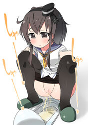 black_eyes black_hair black_legwear blue_sailor_collar blush eyebrows_visible_through_hair female female full_body green_footwear heart kantai_collection long_sleeves looking_down matching_hair/eyes minamimachi_naname neckerchief pantyhose pantyhose_pull peeing pussy sailor_collar shiny_skin shirt short_hair simple_background slippers solo spread_legs squat_toilet squatting text toilet toilet_use tokitsukaze_(kantai_collection) translation_request uncensored white_background white_shirt yellow_neckwear