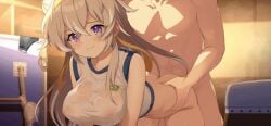 1boy 1boy1girl 1girl all_fours animated ass ass_grab bent_over blonde_hair bottomless breasts bun_hair clothed doggy_style game_cg gray_hair gym_shirt gym_uniform hairband hanging_breasts headband insertion kneeling large_breasts long_hair muv-luv_girls_garden nipples nipples_visible_through_clothing noelle_arouet pussy_juice pussy_juice_drip pussy_juice_trail see-through see-through_clothing sex shirt siino straight_hair swinging_breasts tied_hair twin_buns vaginal vaginal_fluids vaginal_insertion vaginal_penetration vaginal_sex wet wet_shirt