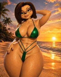 melnitsa the_pooches barboskiny bremen mother_(the_pooches) milf mature_female eyewear glasses green_bikini wide_hips wide_thighs thick_thighs big_breasts curvy curvy_females ai_generated sunset hawaiian_tropic voluptuous_milf voluptuous_female voluptuous slutty slutty_female slutty_body bimbo bimbo_milf plump fat fat_female fat_folds