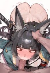 ai_generated animal_ears ass ass_up blush fox_ears hair_pull head_grab hoshimi_miyabi oral oral_sex patreon penis penis_in_mouth plushyplant shocked sweat zenless_zone_zero