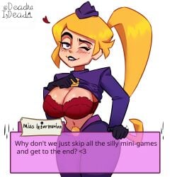 1:1 1girls absurd_res big_breasts biting_lip biting_own_lip blonde_hair bra cleavage clothes_lift deadraisdead english_text female female_only gameoverse glitch_productions hat headwear heart_symbol hi_res inviting light-skinned_female light_skin lipstick looking_at_viewer makeup miss_information_(gameoverse) one_eye_closed ponytail purple_eyes purple_lipstick solo text underwear white_background wink