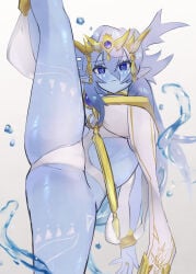 1girl blue_hair blue_skin blush body_markings dominus_impulse duel_monster earrings eeeryatu elf_ears gold gold_jewelry i-pose lifting_leg long_hair midriff panties yu-gi-oh!