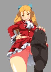 black_gloves black_legwear blonde_hair cameltoe censored diabolic-mario feet female fingerless_gloves frills gloves highres karin_kanzuki pantyhose pantyhose_pull pussy skirt solo street_fighter street_fighter_v upskirt yellow_eyes