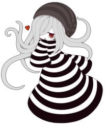 1girl ammonite androgynous bags_under_eyes floating full_body funamusea funamusea_(artist) grey_hair hair_over_one_eye heart long_sleeves not_porn official_art oounabara_to_wadanohara red_eyes sheep_(funamusea) shell shirt simple_background sleeves_past_fingers sleeves_past_wrists solo striped_clothes striped_shirt tentacle_hair white_background