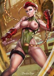 1girls ahoge areolae armpits artist_name bare_legs bare_shoulders beret blonde blonde_hair blue_eyes braids breasts buckle cammy_white cap capcom clenched_hand clock closed_mouth collarbone dandon_fuga female female_only gauntlets gloves groin hair_between_eyes hat headgear high_resolution highleg large_breasts legs leotard long_hair nipples pussy solo street_fighter street_fighter_v thighs tied_hair torn_clothes twintails vagina very_high_resolution watermark