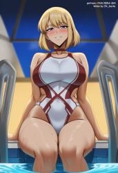arikea ai_generated solo_leveling cha_hae_in short_hair blonde_hair purple_eyes indoors pool swimming_pool big_breasts big_ass thick_thighs wide_hips swimsuit sitting pool_side viewed_from_below looking_at_viewer smile smiling blushing blush eyes_half_open seductive seductive_look seductive_smile seductive_eyes