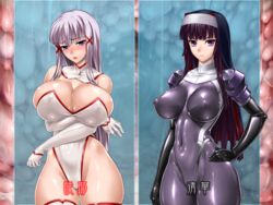 bodysuit cameltoe elbow_gloves enjou_sakuya erect_nipples erect_nipples_under_bodysuit erect_nipples_under_clothes gloves kamori_sayaka latex_bodysuit latex_breasts latex_clothing latex_elbow_gloves latex_gloves latex_long_gloves latex_nipples latex_skin latex_skinsuit latex_stockings latex_suit latex_thighhighs legwear long_gloves long_hair nun purple_bodysuit rindou_(radical_dream) tagme