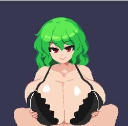 1boy 1girls 2d 2d_animation animated big_breasts bra breasts green_hair huge_breasts large_breasts looking_at_viewer no_sound paizuri pixel_animation pixel_art pov red_eyes shorter_than_10_seconds shorter_than_30_seconds smug straight takorin touhou video yuka_kazami