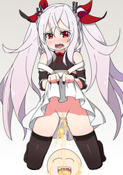 1boy azur_lane black_legwear closed_eyes detached_sleeves drinking_pee embarrassed eyebrows_visible_through_hair female hair_ornament hands_up lifted_by_self long_hair minamimachi_naname nail_polish no_panties open_mouth peeing pussy red_eyes shiny_skin simple_background skindentation skirt skirt_lift teeth thighhighs tied_hair twintails uncensored vampire_(azur_lane) white_background white_hair white_skirt