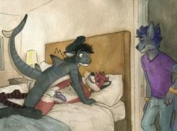 3boys anal anal_sex animal_genitalia animal_penis anthro anthro_on_anthro ass azur balls bed black_hair blue_eyes blue_stripes bulge canine canine_penis caught clothing collar cum erection fish fox fur gay grey_skin hair legwear male male_only mammal marine on_bed orgasm penetration penis purple_hair purple_penis shark sicklyhypnos socks striped_legwear striped_socks stripes tongue tongue_out white_balls white_fur white_skin yaoi ziggy_(dezo) zoru