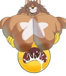 2025 anthro big_muscles big_pecs bodily_fluids breastfeeding canid canine canis domestic_dog double_breastfeeding duo hi_res lactating living_emoji male male_lactation mammal meme muscular nipples pec_squeeze pecs projectile_lactation sharkellion shiba_inu spitz