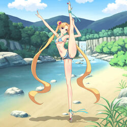 1girls acrobatic ballerina ballerina_position ballet bikini bishoujo_senshi_sailor_moon blonde_hair blue_eyes blush blush_makeup breasts cleavage clothing denim_shorts erect_nipples eyeliner female female_only flexible forest full_body heels legs long_hair long_legs makeup nail_polish nature navel nipples on_pointe one_leg_raised outdoors partially_visible_vulva pigtails posing protruding_nipples revealing_clothes sailor_moon sand shorts sidelocks sky sleekette slim slim_female small_breasts solo stream string_bikini string_panties swimsuit thin thin_legs tied_hair tiptoes twintails usagi_tsukino very_long_hair vulva waterfall zimu_jiang