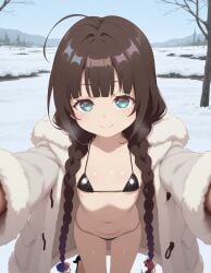 ai_generated beautiful_girl blue_eyes brown_hair flat_chest furcoat heavenly_body hinatsuru_ai long_hair micro_bikini open_clothing outdoors petite_female pretty_girl sexy_pose slim_female slim_waist slutty_body slutty_female snow temptation tempting_viewer