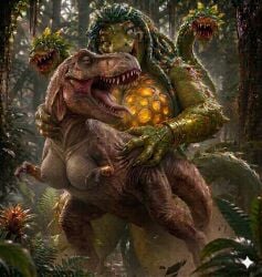 ai_generated digitigrade digitigrade_legs eyes_rolling_back freya_patil furry futanari jungle large_breasts lesbian massive_breasts milf monster monster_girl rexy_(jurassic_park) scalie sex