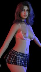 1girls alternate_hairstyle black_hair blue_eyes bra bra_lift clothing female final_fantasy_xiii looking_at_viewer oerba_yun_fang_(ff_xiii) pierced_nipples piercing piercings skirt smiling stockings virt-a-mate virtamate