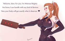 1girls 2d alternate_costume barefoot big_breasts blush bodysuit bondage brigitte brigitte_lindholm brown_eyes brown_hair dominant_female dominatrix elbow_gloves english erect_nipples female female_only femdom gloves heart latex latex_gloves nipple_piercing overwatch pierced_through_clothes ponytail skin_tight smile solo solo_female tattoo tesomu whip