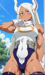 1girl ai_generated animal_ears ass_visible_through_thighs bangs bare_shoulders blue_sky blush breasts covered_navel cowboy_shot crescent_print dark-skinned_female dark_skin day fur_collar gloves highleg highleg_leotard large_breasts leotard long_hair looking_at_viewer mirko muscular muscular_female my_hero_academia outdoors parted_bangs parted_lips purple_thighhighs rabbit_ears rabbit_girl red_eyes rumi_usagiyama sky sleeveless sleeveless_turtleneck sleeveless_turtleneck_leotard solo sweat thighhighs thighs toned turtleneck turtleneck_leotard usagiyama_rumi white_gloves white_hair white_leotard