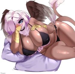 1girls 2025 anthro avian beak big_breasts bikini blue_eyes commission eyelashes feathered_wings female female_only gryphon hair_over_one_eye heart-shaped_pupils huge_breasts looking_at_viewer lying lying_on_side miss_mifuka on_side smiling smiling_at_viewer solo tail thick_thighs white_background white_hair wings