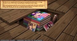 wodstudio stardew_valley implied_yuri completely_nude nude black_hair breasts busty female large_breasts long_hair navel nipples book crayon manga_(object) open_book photo_(object) 1girl indoors solo wooden_floor wooden_wall english_language english_text text artist_name username web_address patreon_username ai-created ai_generated