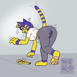 angry animal_crossing ankha_(animal_crossing) anthro bent_over blush bodily_fluids bottomwear breasts butt clothed clothing controller domestic_cat felid feline felis female genital_fluids hi_res looking_at_viewer mammal neatnick nintendo open_mouth pants pawpads penetration remote_control remote_controlled_vibrator sex_toy sex_toy_in_vagina sex_toy_insertion sex_toy_under_clothing shirt solo t-shirt topwear vaginal vaginal_fluids vaginal_fluids_through_clothing vaginal_penetration vibrator vibrator_in_vagina wet wet_clothing white_clothing white_shirt white_t-shirt white_topwear yoga_pants