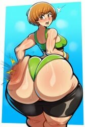 novelai ai_generated persona persona_4 persona_4_the_golden chie_satonaka satonaka_chie ass_focus massive_ass large_ass huge_ass plump plump_ass curvy_figure shocked_face lowered_pants panties ass_smack small_breasts ass_bigger_than_head thick_hips