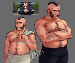 artidt:yuuzeart body_hair crossed_arms gypso_(pokemon) male male_only musclegut nintendo overweight philippe_(pokemon) pokemon pokemon_legends:_z-a shirtless solo solo_male