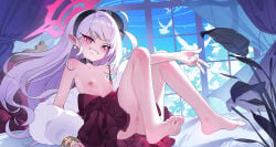 1girl absurdres bangle barefoot bed bird black_hairband blue_archive blue_sky bow bow_choker bracelet breasts censored chinese_commentary choker cloud commentary_request curtains day dress dress_bow earrings feet frilled_dress frills from_side full_body fur_shawl gold_bangle gradient_eyes grin gyaru_v hairband halo highres indoors jewelry knees_up light_blush long_hair looking_at_viewer looking_to_the_side mosaic_censoring multicolored_eyes mutsuki_(blue_archive) mutsuki_(dress)_(blue_archive) nipples official_alternate_costume on_bed pearl_earrings pink_halo plant pointy_ears purple_bow purple_eyes purple_hair pussy red_dress ring_of_light_(blue_archive) shawl sitting sky sleeveless sleeveless_dress small_breasts smile soles solo toes v variant_set white_bird white_fur window xiamu_chiyu yellow_eyes
