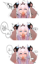 artist_request blue_eyes blush crown cum cum_in_mouth elsword fellatio horn_grab horns luciela_r._sourcream noblesse_(elsword) oral tears text translation_request white_hair