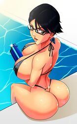 1girls 2016 alternate_breast_size bayonetta bayonetta_(character) bayonetta_2 between_breasts big_ass big_butt bikini black_bikini black_hair breasts bubble_butt chacrawarrior cleavage covered_nipples dat_ass earrings erect_nipples female female_only from_above glasses green_eyes gun highres hourglass_figure huge_ass huge_breasts large_breasts looking_back mole object_between_breasts pool poolside short_hair sitting smile solo swimsuit water weapon white_skin