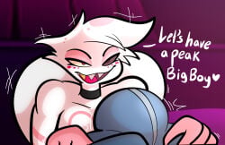 angel_dust angel_dust_(hazbin_hotel) big_bulge bulge hazbin_hotel hellaverse presenting taillove teasing unzipped zipper