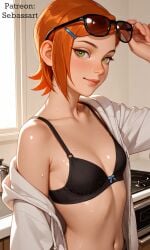 ai_generated baggy_clothing ben_10 blush bra casual exposed exposed_torso fashion green_eyes gwen_tennyson hoodie kitchen looking_at_viewer mature_female midriff open_clothing paid_reward_available patreon petite red_hair sebassart sexy small_breasts solo sweat tight_clothing