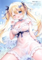 mitsuba_choco original highres 1girl arm_support blonde_hair blue_eyes blue_ribbon blue_sky blurry blurry_background blush breasts cameltoe cleavage cloud collarbone covered_navel day dress feathered_wings flower hair_flower hair_ornament hair_ribbon long_hair looking_at_viewer medium_breasts nipples one_eye_closed open_mouth outdoors panties partially_submerged ribbon see-through_clothes see-through_dress short_sleeves sidelocks sitting sky smile solo sundress teeth thighs twintails underwear upper_teeth_only water_drop wet wet_clothes wet_dress white_dress white_panties white_wings wings nipples_visible_through_clothing