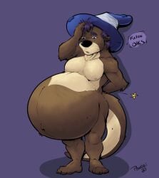 2023 anthro belly big_belly blue_ear_piercing blue_eyes blue_wizard_hat claws clothing colored dated dialogue feet hair hat hat_only headgear headgear_only headwear headwear_only hi_res huge_belly hyper hyper_pregnancy male mammal mayternity_2023 mostly_nude mustelid navel nipples nude_male otter otter_tail pain_stars pandottermon pregnant pregnant_male purple_hair solo speech_bubble standing text wearing_hat wizard_hat wizard_hat_only