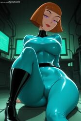 spicytoonai ai_generated patreon seductive sexy uncensored watermark hi_res high_quality high_resolution madeline_fenton danny_phantom 1girl bodysuit breasts purple_eyes short_hair solo large_breasts sitting skin_tight shiny_clothes looking_at_viewer shiny patreon_username covered_navel bangs tongue artist_name