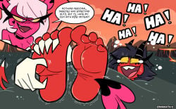 2girls 5_toes angry_expression angry_female artist_name barefoot best_feet between_toes black_hair black_lipstick black_toenail_polish crying_laughing demon demon_girl demon_horns demon_tail dialogue dialogue_bubble dominant_female feet feet_together female_focus females_only fingers_between_toes foot_fetish foot_focus foot_play foot_worship girl_on_girl grin hellaverse helluva_boss highres humiliation imp imp_female imp_horns imp_tail laugh laughing lava magma millie_(helluva_boss) partially_buried pink_hair pink_skin presenting_feet red_skin restrained showing_feet soles soles_fetish succubus tickle_feet tickle_fetish tickle_torture tickling tickling_feet tickling_toes ticklish ticklish_feet ticklish_female toes vengeful_female verosika_mayday_(helluva_boss) vivziepop volcano yourhardnerdcollector