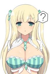 1girls :o ? arms_behind_back asymmetrical_bangs bangs blonde_hair blunt_ends bra cleavage female front-tie_top front_view green_eyes hairclip huge_breasts light-skinned_female light_skin looking_at_viewer manjou marvelous nipple_bulge open_mouth senran_kagura senran_kagura_burst simple_background solo speech_bubble straight_hair tie twintails very_long_hair white_background white_shirt yomi_(senran_kagura)