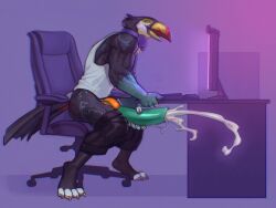 absurd_res anthro avian beak biceps big_penis bird blue_penis bodily_fluids bottomwear bottomwear_down chair clothed clothing computer cum danelaxy_(artist) desk electronics erection excessive_cum excessive_genital_fluids eyes_closed feathers feet fingers furniture genital_fluids genitals gryphon hand_on_penis hi_res keel-billed_toucan looking_pleasured male male_only masturbation muscular muscular_anthro muscular_male mythological_avian mythological_creature mythology open_beak open_mouth orange_knot partially_clothed penile penile_masturbation penis rafe shirt shorts shorts_down sitting smile solo solo_male table tail tail_feathers tank_top toes topwear toucan true_toucan unusual_anatomy unusual_genitalia unusual_penis