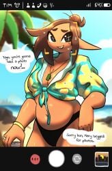 1girl 1girls 2024 beach beach_background big_ears brown_hair camera_pov camera_view chubby chubby_female color colored dalia_(iagoanims) dark-skinned_female dialogue female female_focus freckles freckles_on_chest freckles_on_face iagoanims long_ears necklace no_nose offscreen_character plump pointy_ears shirt_tied_up solo_female solo_focus speech summer swimsuit tagme text text_bubble