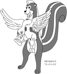 ambiguous_gender anatid anseriform anthro avian balls bird black_body black_fur dominant dominant_male duck duo feathers feral fur genitals low_res male male/ambiguous mammal mephitid nude nude_male penis questionable_consent sex skunk tongue tongue_out urbanhermit white_body white_fur wings