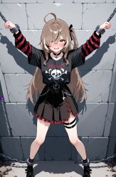 1girl ai_generated blushing_female brown_hair chained_to_wall choker goth_girl goth_maniac gothmaniac hair_ornament heart_choker long_hair looking_at_viewer nanashi_mumei_(emo) orange_eyes panicking restrained_ankles restrained_arms ribbon_in_hair skull_print stone_wall striped_sleeves t-shirt tartan_skirt thigh_strap