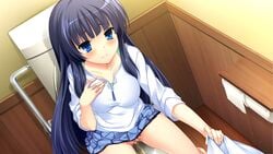 black_hair blue_eyes blue_skirt blush censored female game_cg highres long_hair love_ra_bride mikami_haruka mosaic_censoring mutou_kurihito peeing plaid plaid_skirt pussy reflection sitting skirt skirt_lift solo_focus sweatdrop toilet toilet_paper toilet_use wooden_floor