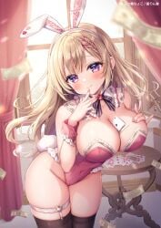 1girl animal_ears bare_shoulders between_breasts blonde_hair blurry blurry_background blush braid breasts brown_thighhighs bunny_ear bunny_girl bunnysuit cameltoe card_between_breasts cards cleavage closed_mouth collarbone covered_navel cowboy_shot curtains depth_of_field detached_collar fake_animal_ears fake_tail finger_to_mouth frilled_leotard frills groin hand_on_own_chest highleg highleg_leotard indoors large_breasts leotard light_particles long_hair looking_at_viewer mitsuba_choco money nail_polish original pink_leotard pink_nails playboy_bunny purple_eyes rabbit_ears rabbit_tail skindentation smile solo standing strapless strapless_leotard sunlight tail thigh_strap thighhighs thighs very_long_hair window wrist_cuffs